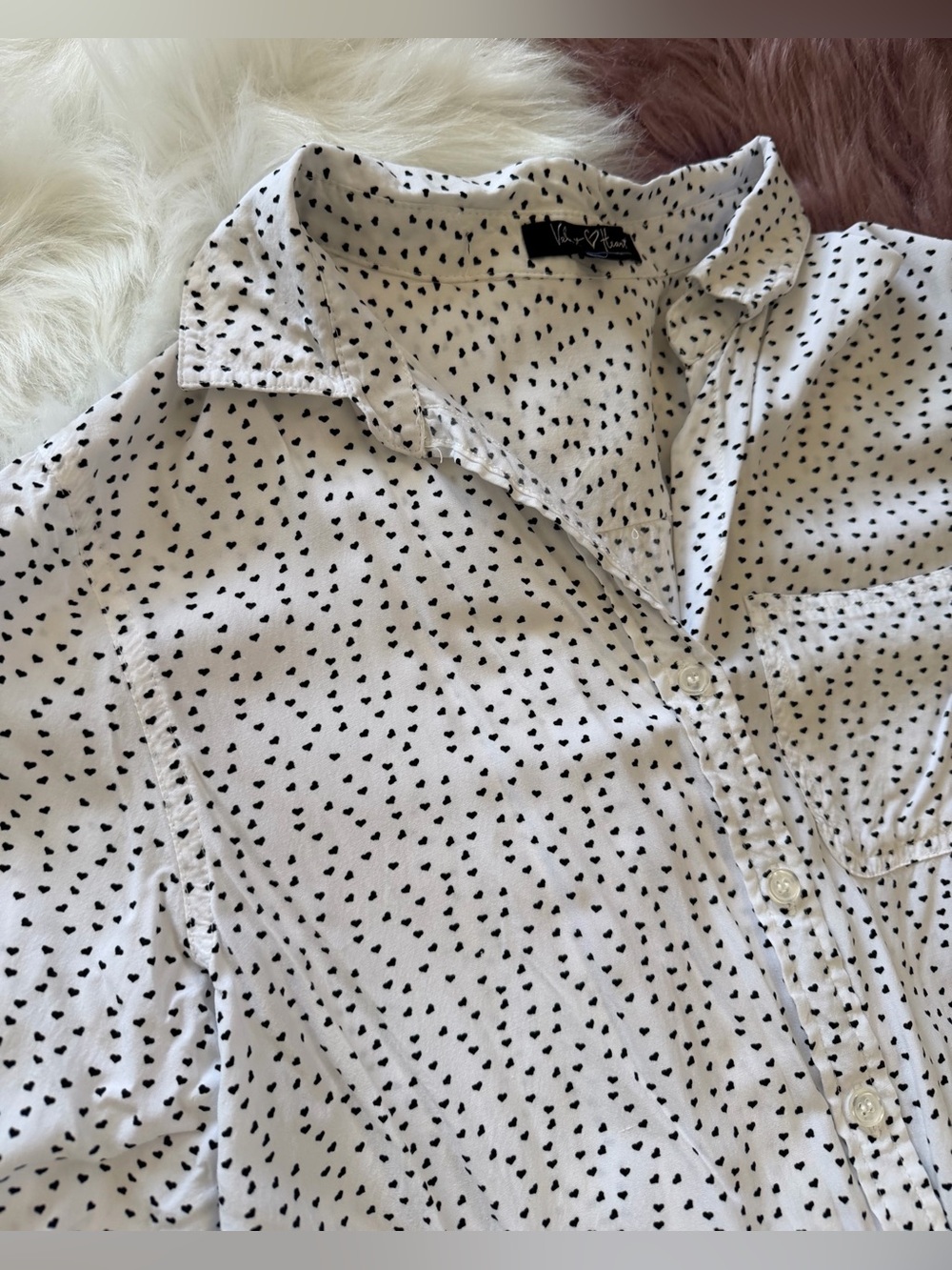 Velvet Heart White Button Down Shirt w/ Black Hearts - Picture 2 of 4